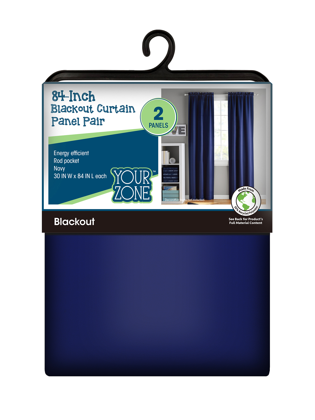 Your Zone Solid Blackout Rod Pocket Curtain Panel Pair, Navy, 30" W x 84" L