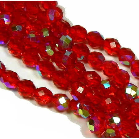 Firepolish Faceted Glass Beads - 24 Firepolish Faceted Czech Glass, Loose Beads, 8mm AB Siam Ruby