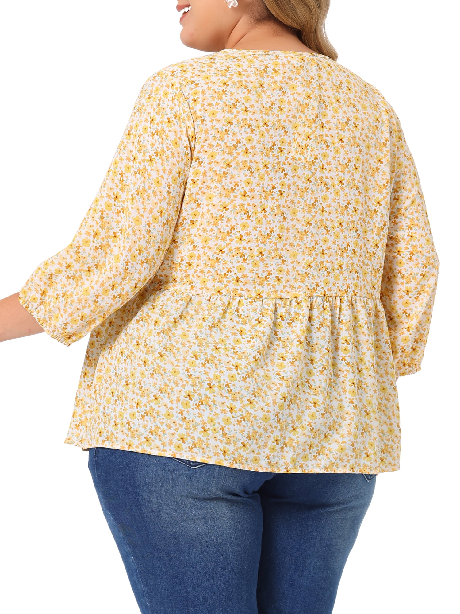 Unique Bargains Women's Plus Size V Neck Flowy 3/4 Sleeve Floral Blouse 1X Beige
