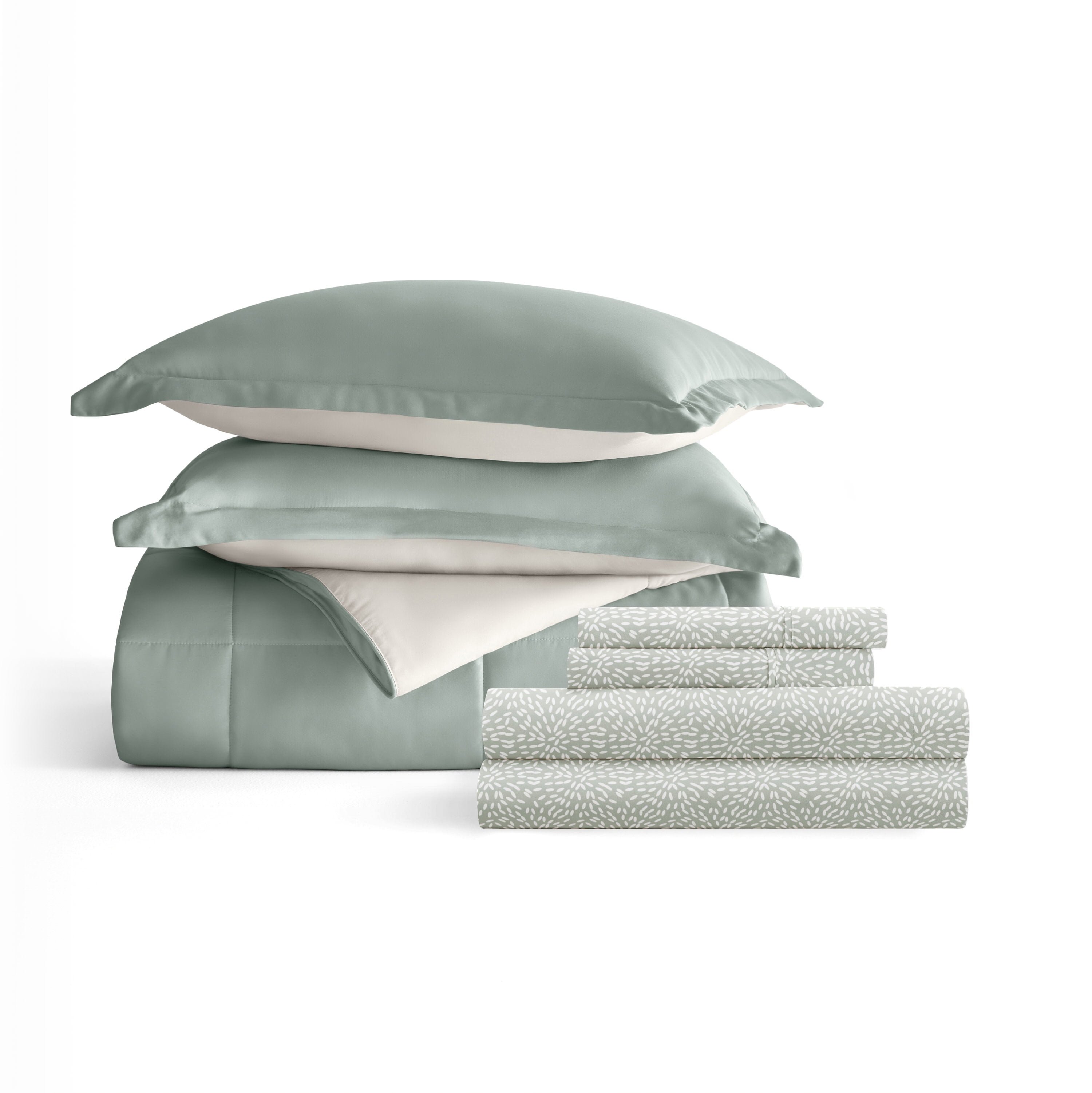 Noble Linens 7 Piece Bedding Bundle, Reversible Comforter and Patterned Sheet Set, Full