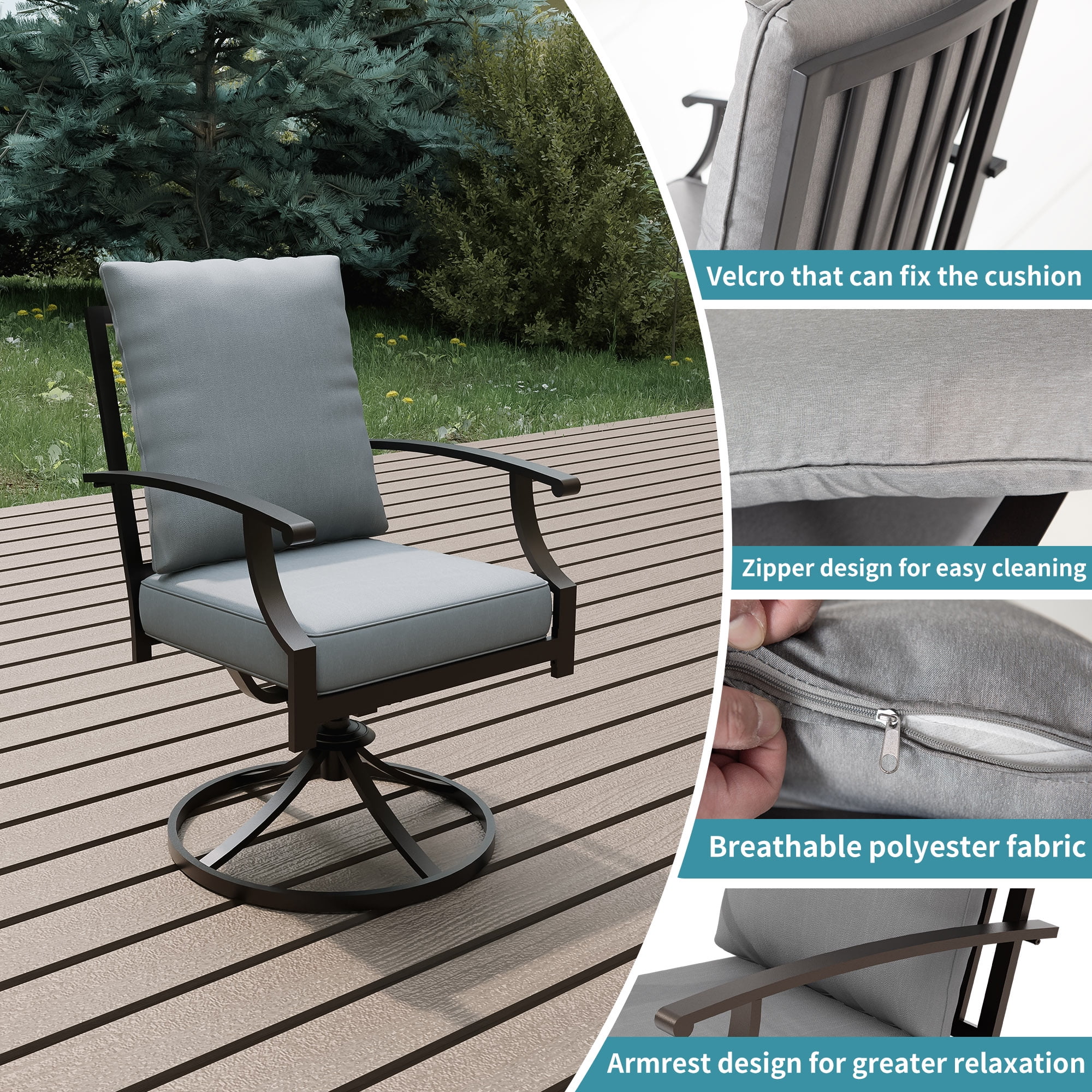 ALAULM Set of 8 Metal Swivel Rocking Patio Chairs, 360° Rotate & 15° Recline, Heavy-Duty Metal Frame Outdoor Dining Chairs with 3.2" cushion & Removable Covers (Gray)