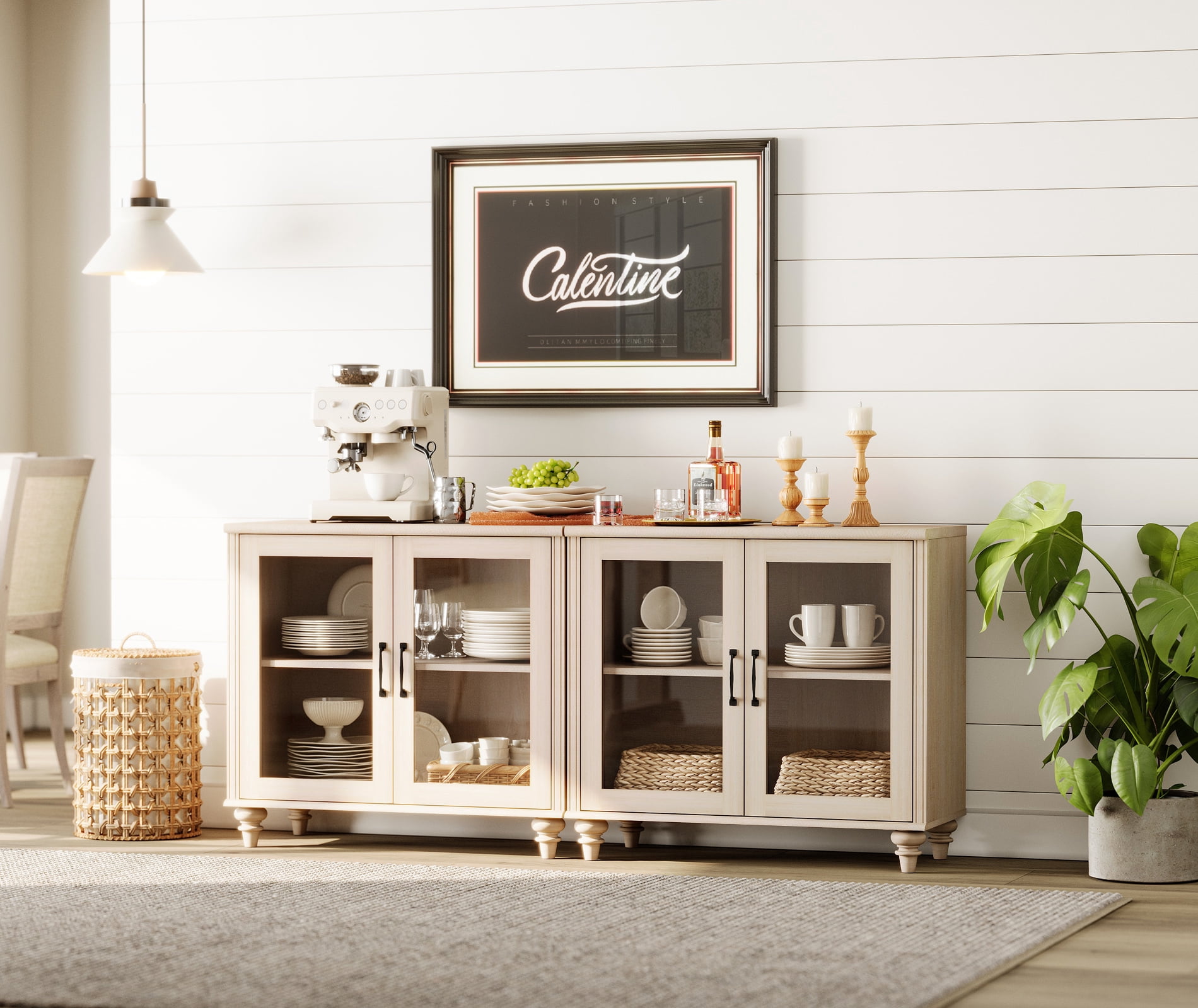 Light Beige Buffet Cabinet with 4 Glass Doors, Kitchen Storage Cabinets with Adjustable Shelf, 68 inch