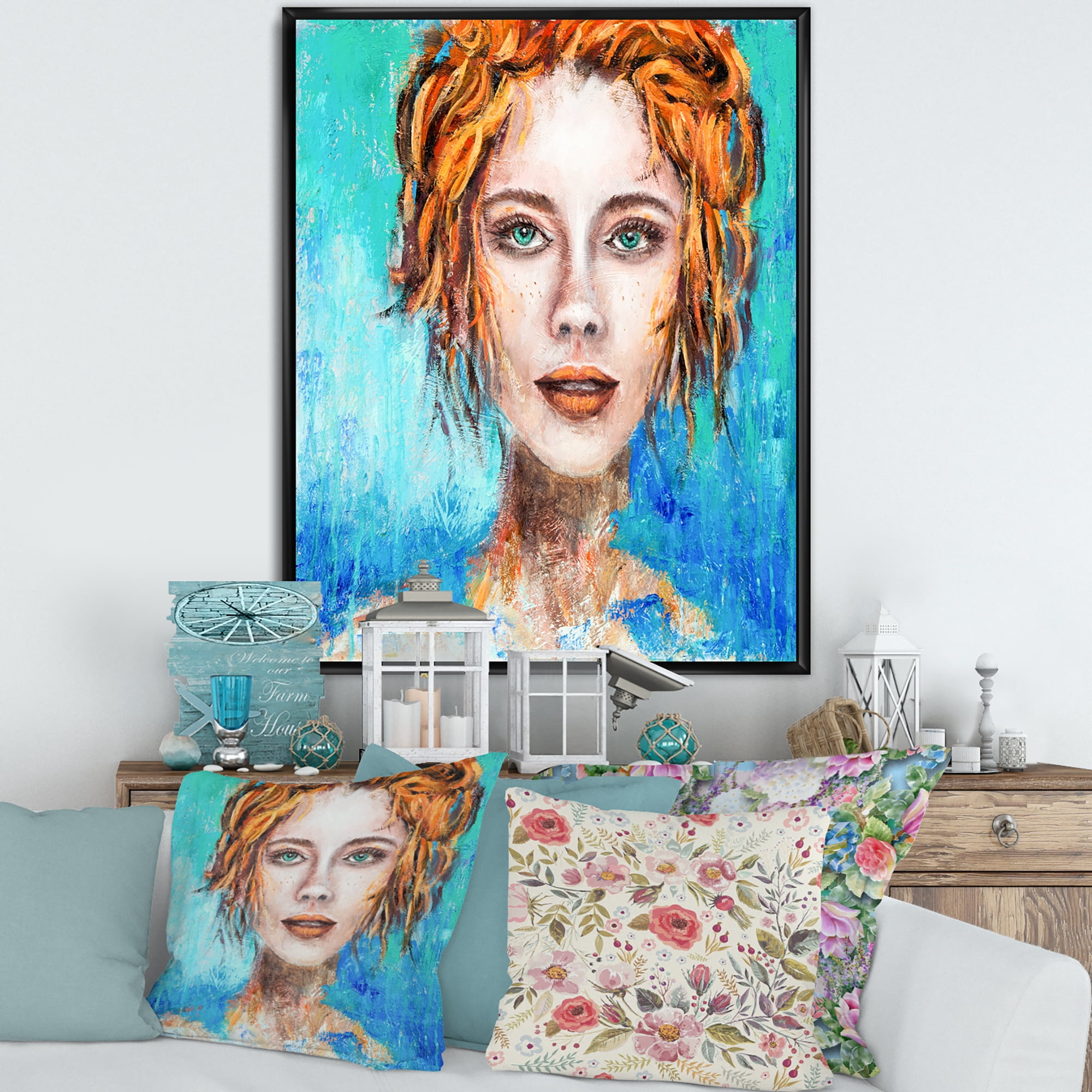 Designart 'A Woman Face With Red Hair And Green Eyes' Modern Framed Canvas Wall Art Print