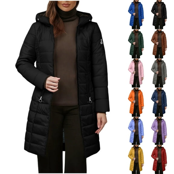 Otntypg Quilted Jackets for Women Long Thicken Warm Puffer Jacket Fleece Lined Winter Coats Long Sleeve Hooded Outwear Down Coat with Zip Pockets Sky Blue S