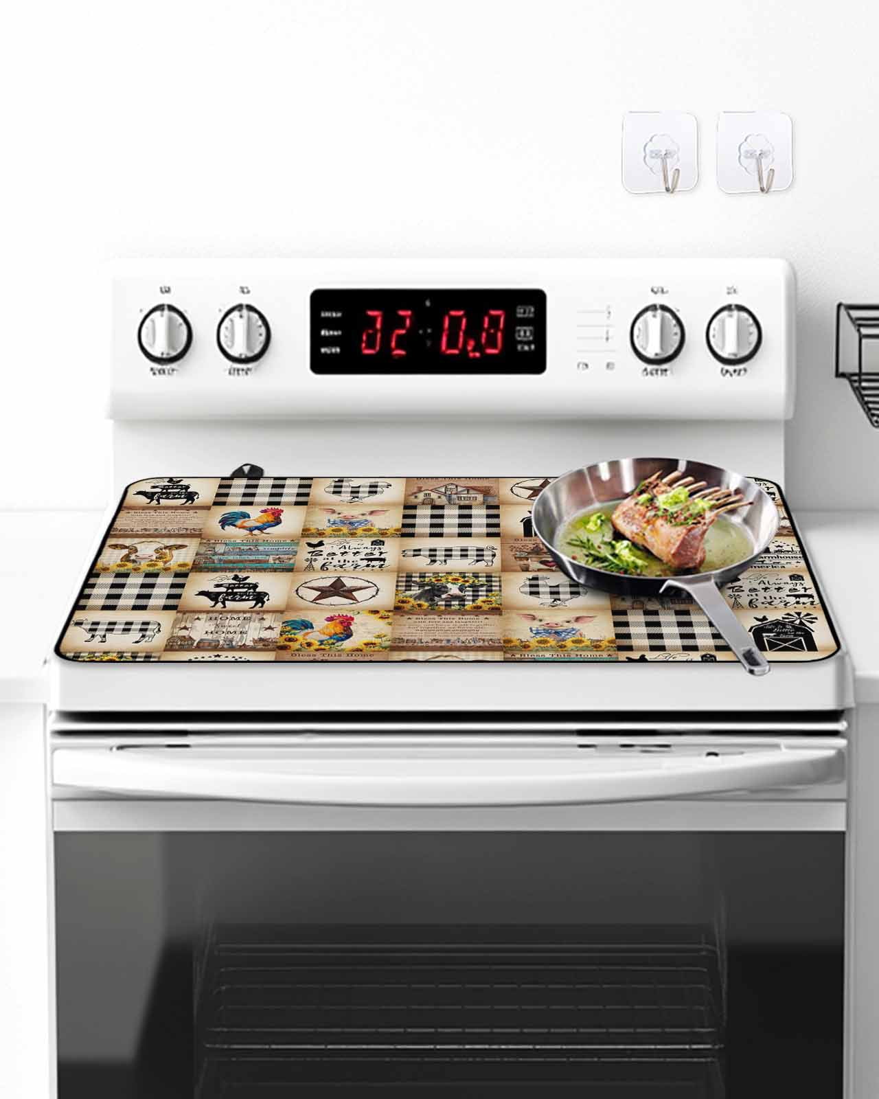 Stove Top Covers for Electric Stove, Animals Farmhouse Glass Stovetop Cover Protector, Vintage Farm Country Star Brown Plaid Induction Cooktop Protector Oven Mat for Kitchen Countertop 24"x21"