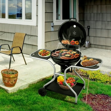Kettle Charcoal Grill, Porcelain Enamel Body and Lid, 2 Side Tables with 4 Hooks, Large Storage Shelf, Upgraded Ash Catcher, Thermometer, Air Vents, Outdoor Cooking Barbecue Grill