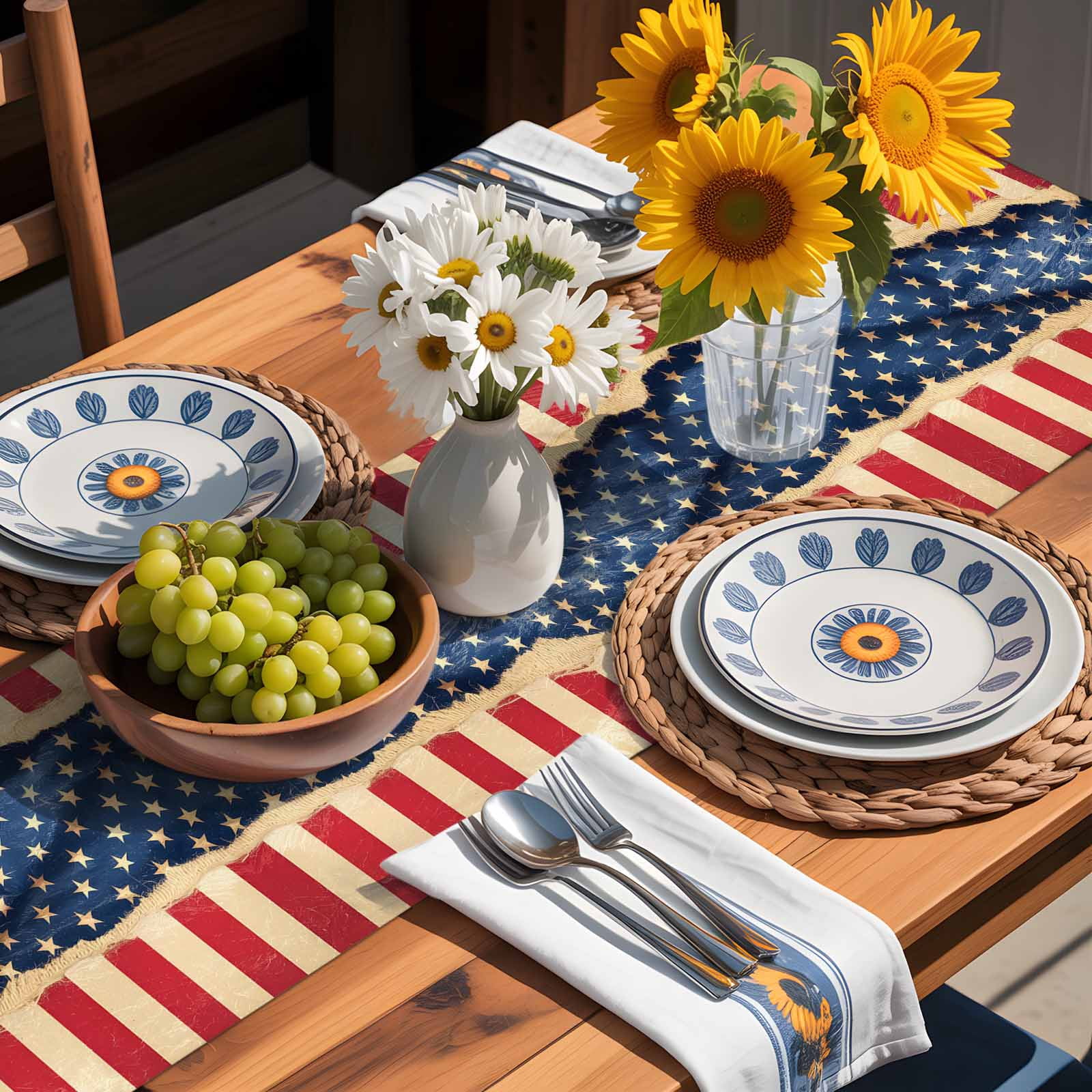 4th of July Patriotic Star Stripe Table Runner 90 Inches Long, Retro USA Flag Memorial Day Table Runners Tabletop Scarf Kitchen Dining Tables Decoration for Home Party Indoor Outdoor