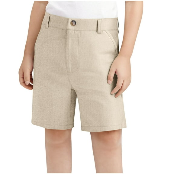 ZACPNCV Boys School Uniform Shorts Elastic Waist Knee Length Straight Shorts with Pockets Solid Color Short Pants Beige 13-14 Years