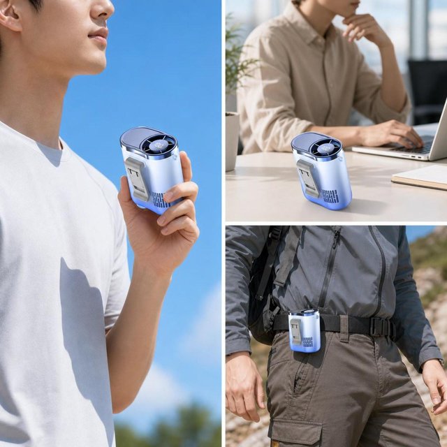 Ventilador Portátil Recargable con Clip para Cintura Ventilador de Mano Ventilador de Collar y Ventilador de Mesa con Ajuste de Velocidad Operación Azul