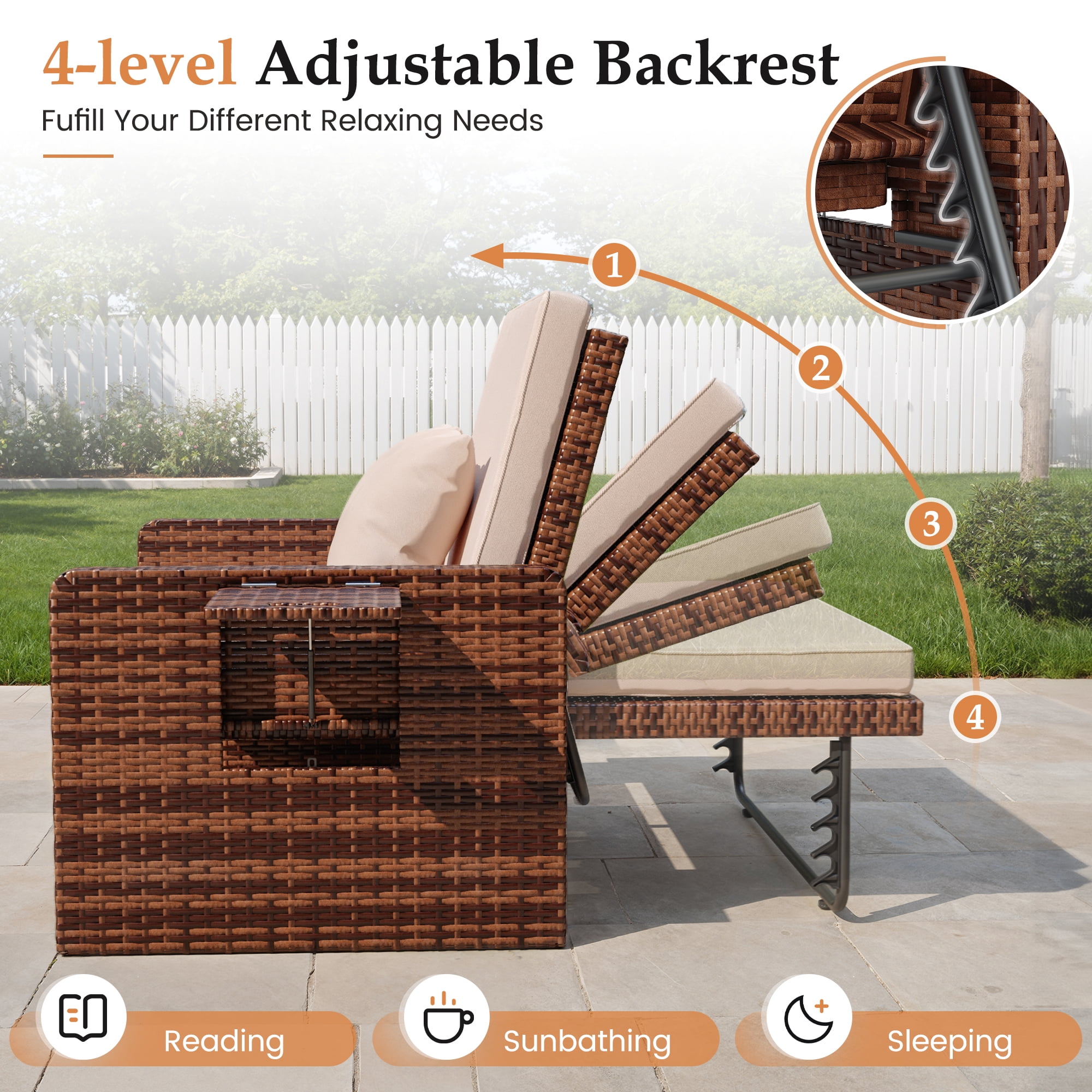 POTEBAN Wicker Outdoor Daybed-Outdoor Loveseat with Storage Ottoman, 4-Level Adjustable Backrest & Cushions for Balcony, Garden, Poolside (Beige)