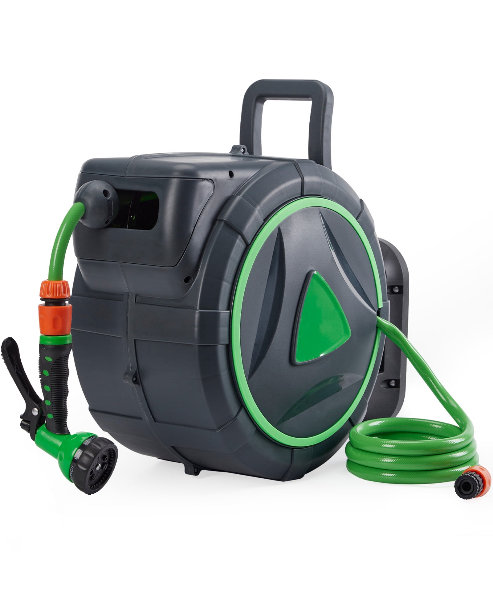Retractable Garden Hose Reel 65 ft x 1/2 inch, Heavy Duty Automatic Garden Hose Reels with Kink-Free Rewind and Lock at Any Length, Wall Mount Water Hose Reel for Lawn and Car Washing