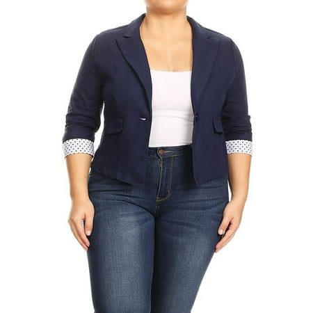 Fully Lined Three Button Blazer MOA COLLECTION Women's Plus Size Solid Cuff Polka 3/4 Sleeve Pocket Button Closure Blazer Jacket ()