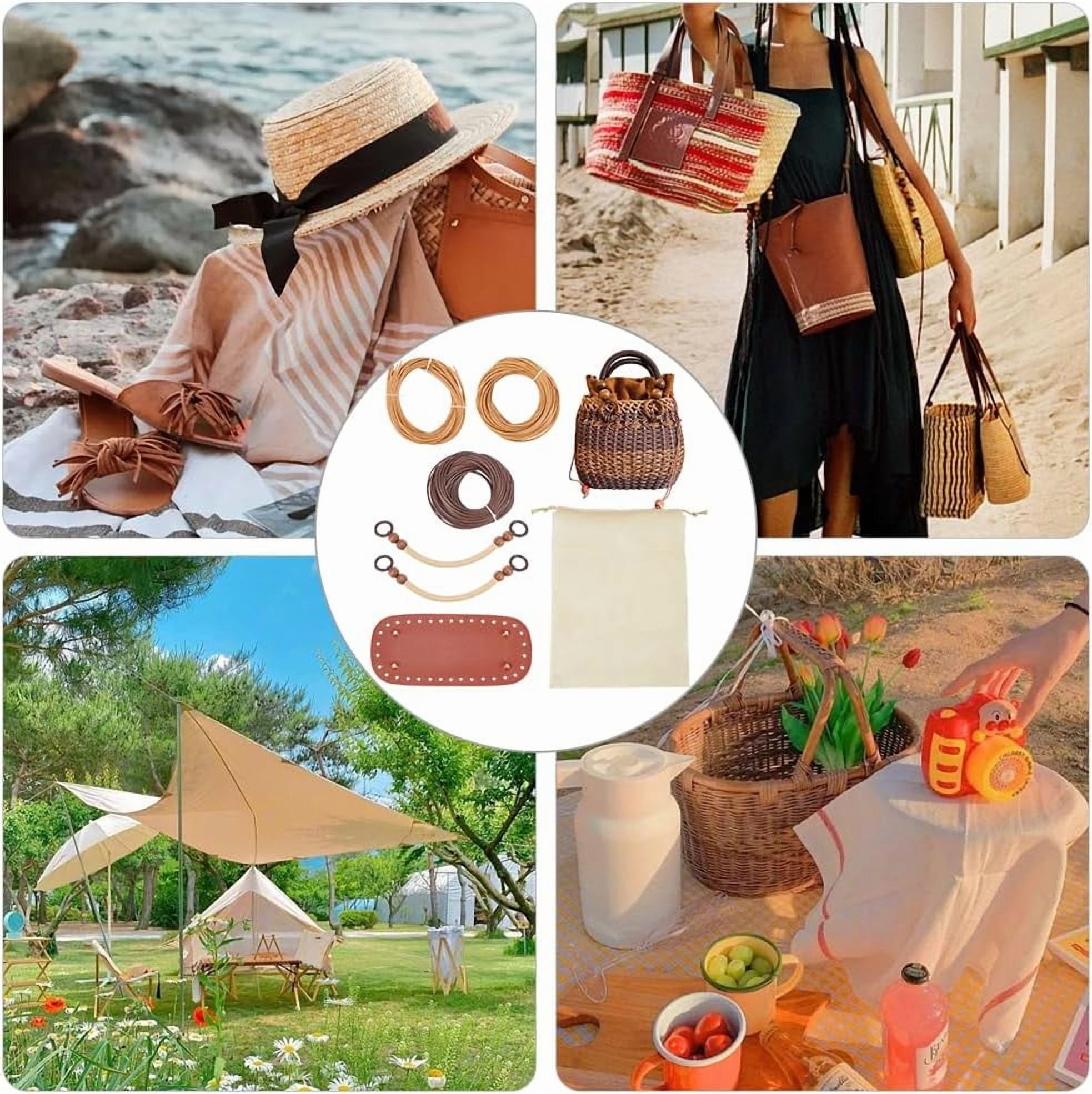 DIY Rattan Woven Handbag Making Kit DIY Women Summer Beach Bag Making Kit Handwoven Straw Bag Personalized Complete Kit Round Handle Crochet Bag Making Materials Handicraft Gift Dark Brown for DIY