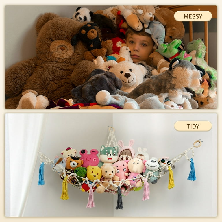 LOAOL Toy Stuffed Animal Hammock, Wall Mounted Kids Toy Organizer Storage  Net with Light, Beige 