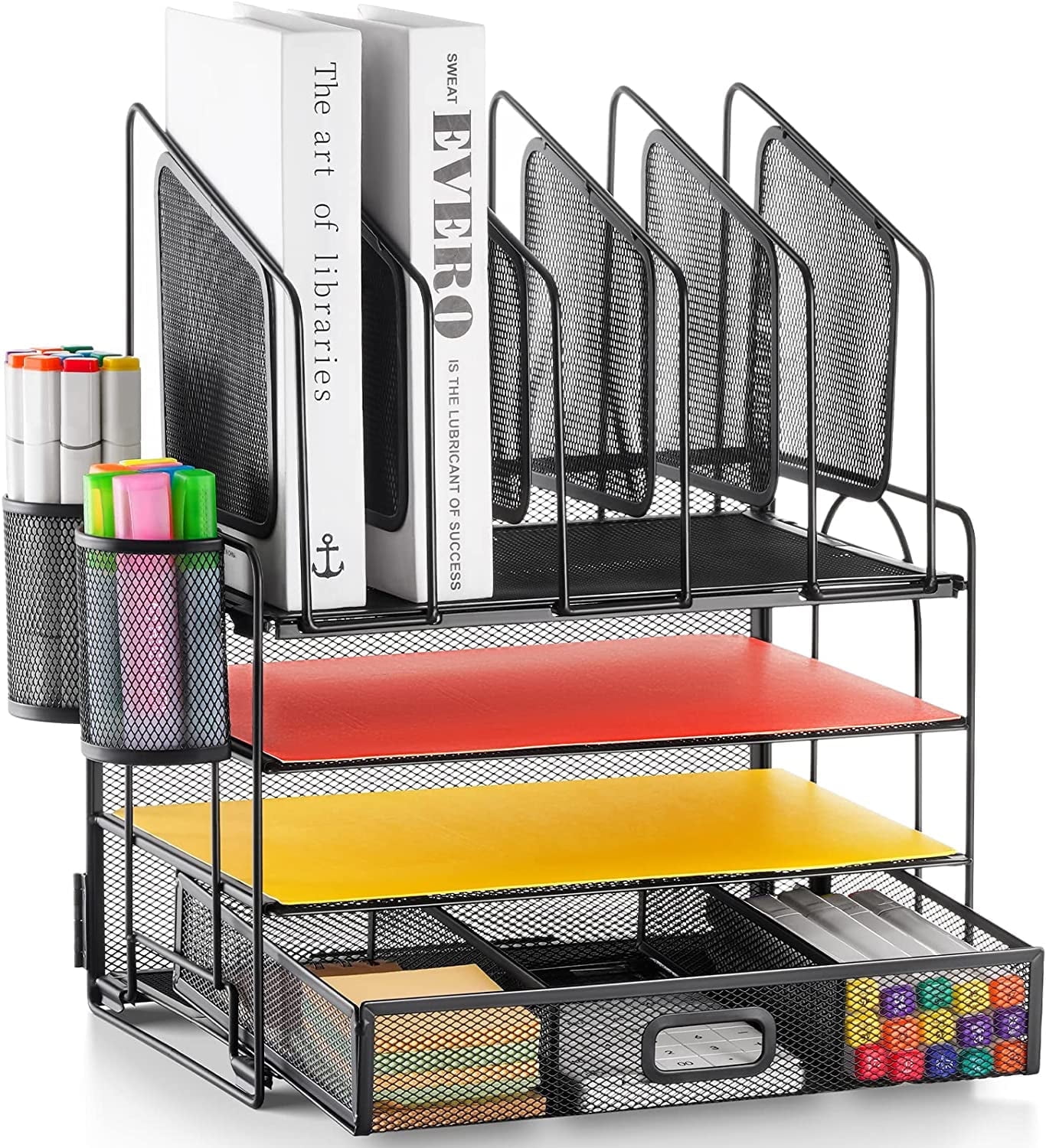 Marbrasse Desk Organizer with Drawer, 4-Tier Mesh Desk File Organizer with 5 Vertical File Holders and 2 Pen Holders, Multifunction Desktop Organizer,Desk Organizers and Accessories for Home Office