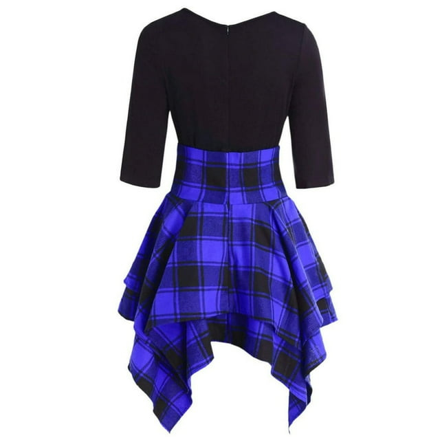 POINTERTECK Robe Mini Asymétrique à Carreaux Mode Femme Décontractée Col Rond Lacée