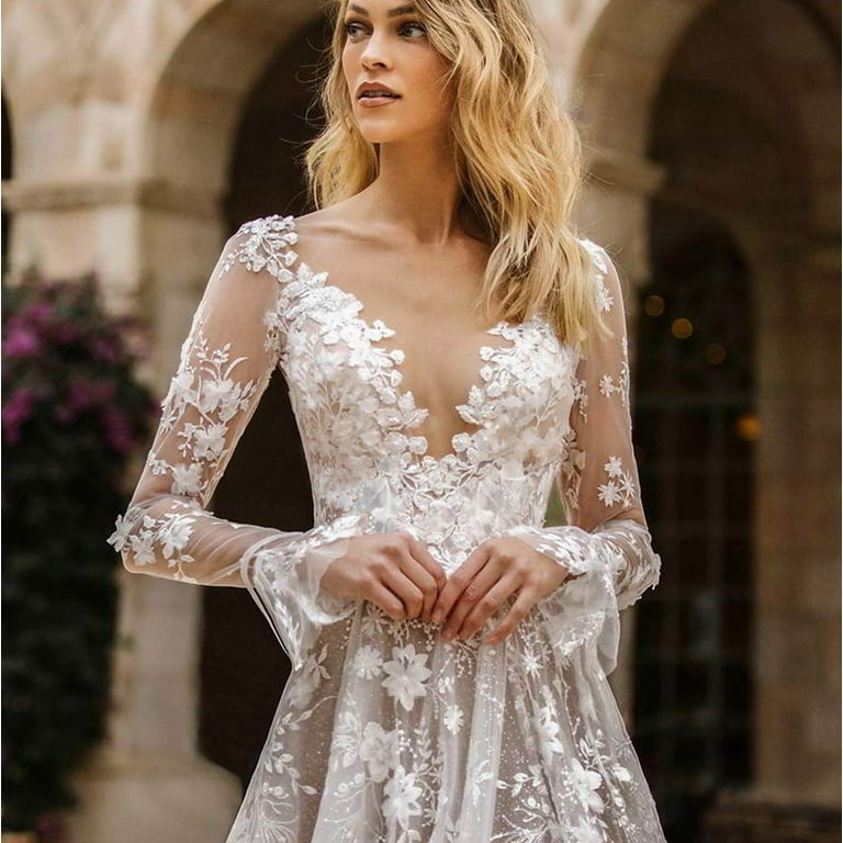 adviicd Women's Formal Dresses Lace Appliques Long Sleeve Wedding
