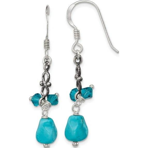 Sterling Silver Turquoise And Blue Crystal Antiqued Earrings (42 X 6) Made In Thailand qe4254