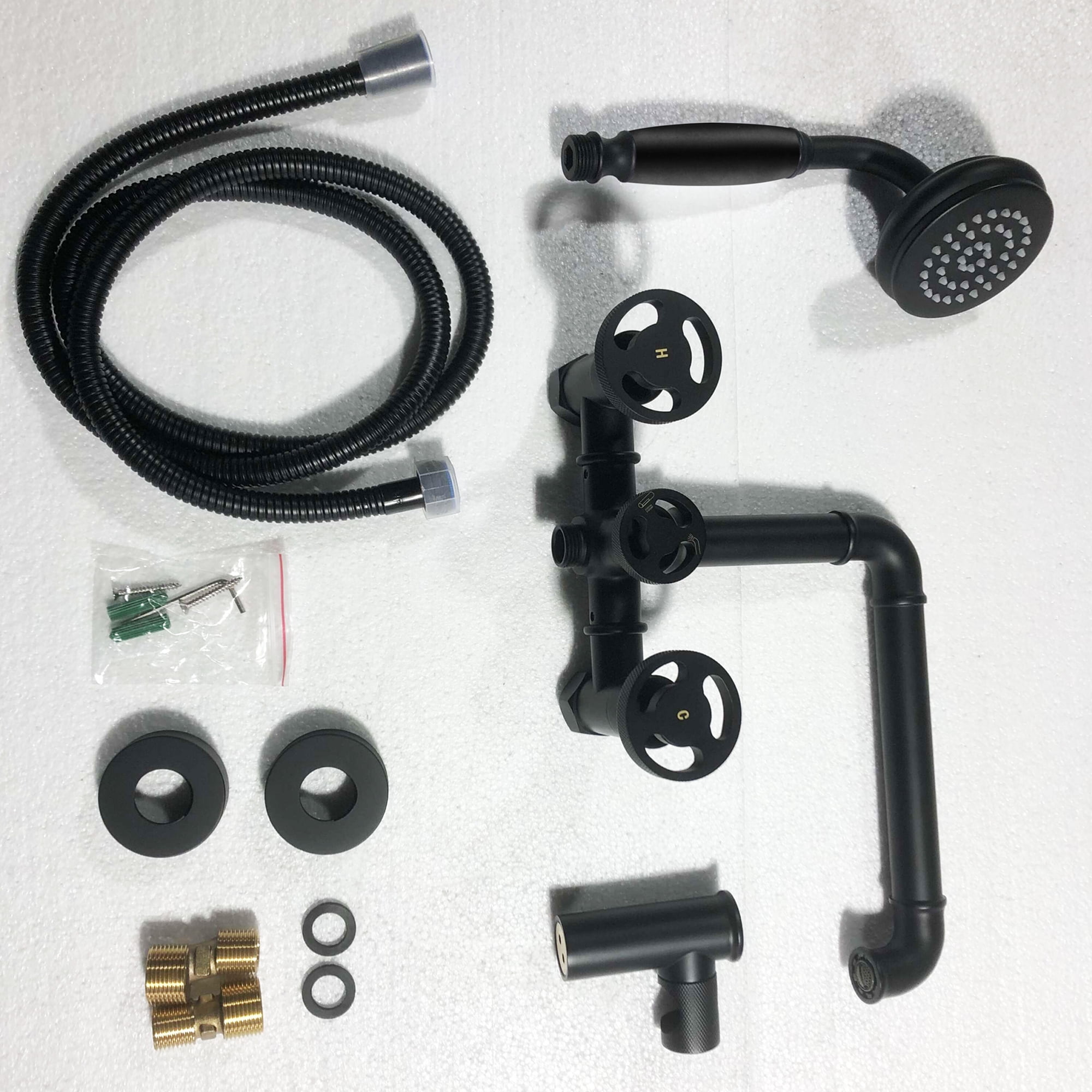 Three Wheel Handle Industrial Pipe Wall Mounted Bathtub Filler Faucet with Hand-held Shower