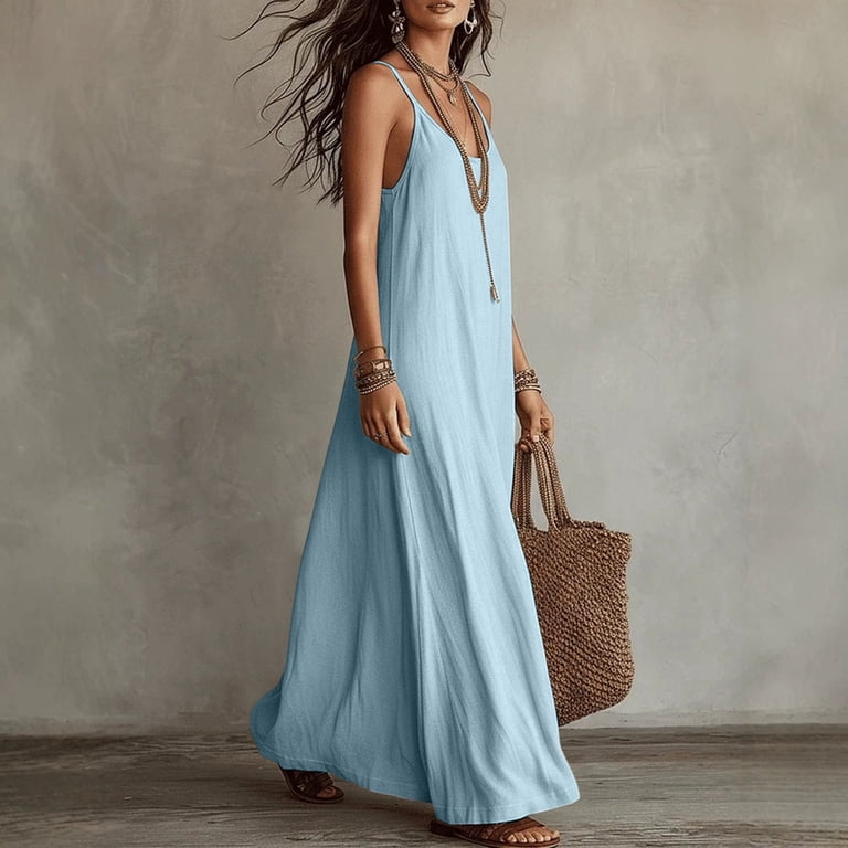 boho cami dress Domzest Womens Spaghetti Strap Maxi V Neck Loose Flowy Dress Summer Casual Vacation Beach Long Sundress Sky Blue XXL, Women's, Size light brown Short Front and Long Width:Wide - W it moves gracefully with