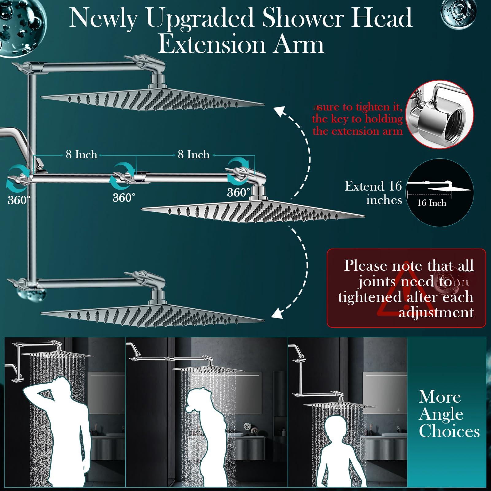 12'' Rain Shower Head Combo  High Rainfall With 16'' Flexible Adjustment Of Height/angle Upgraded Extension Arm And 5 Setting Spray Handheld Anti-leak (chrome)