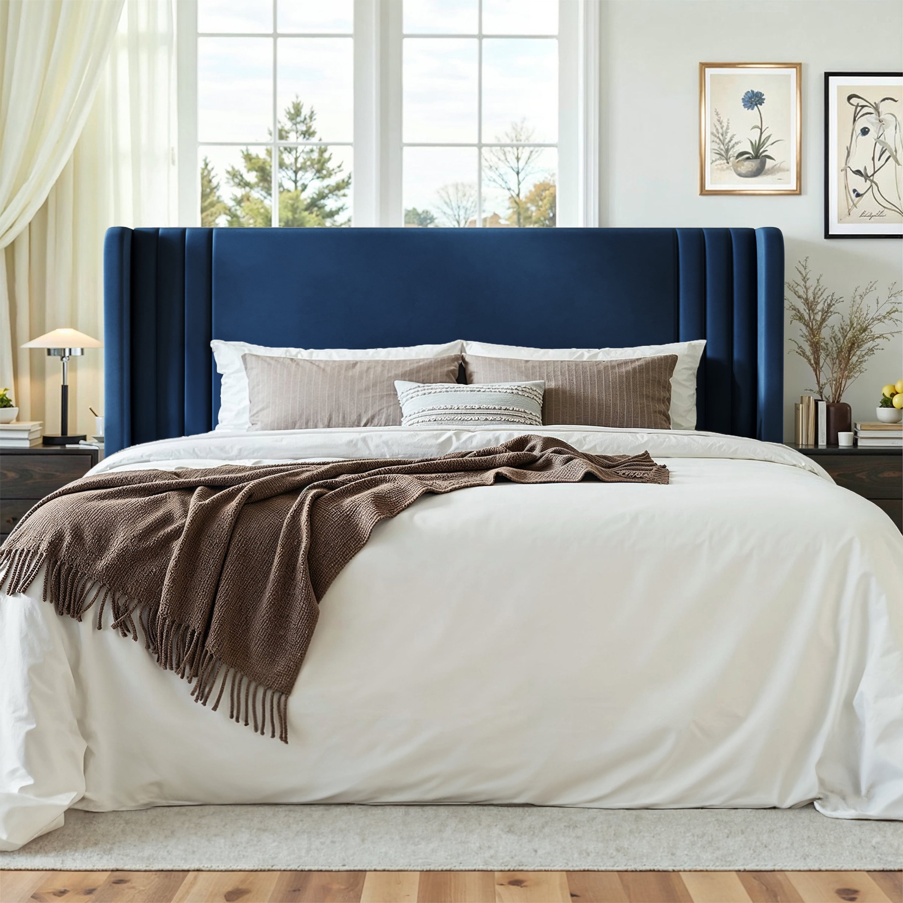 Einfach King Size Upholstered Bed Frame, Platform Bed with Velvet Wingback Headboard, Blue