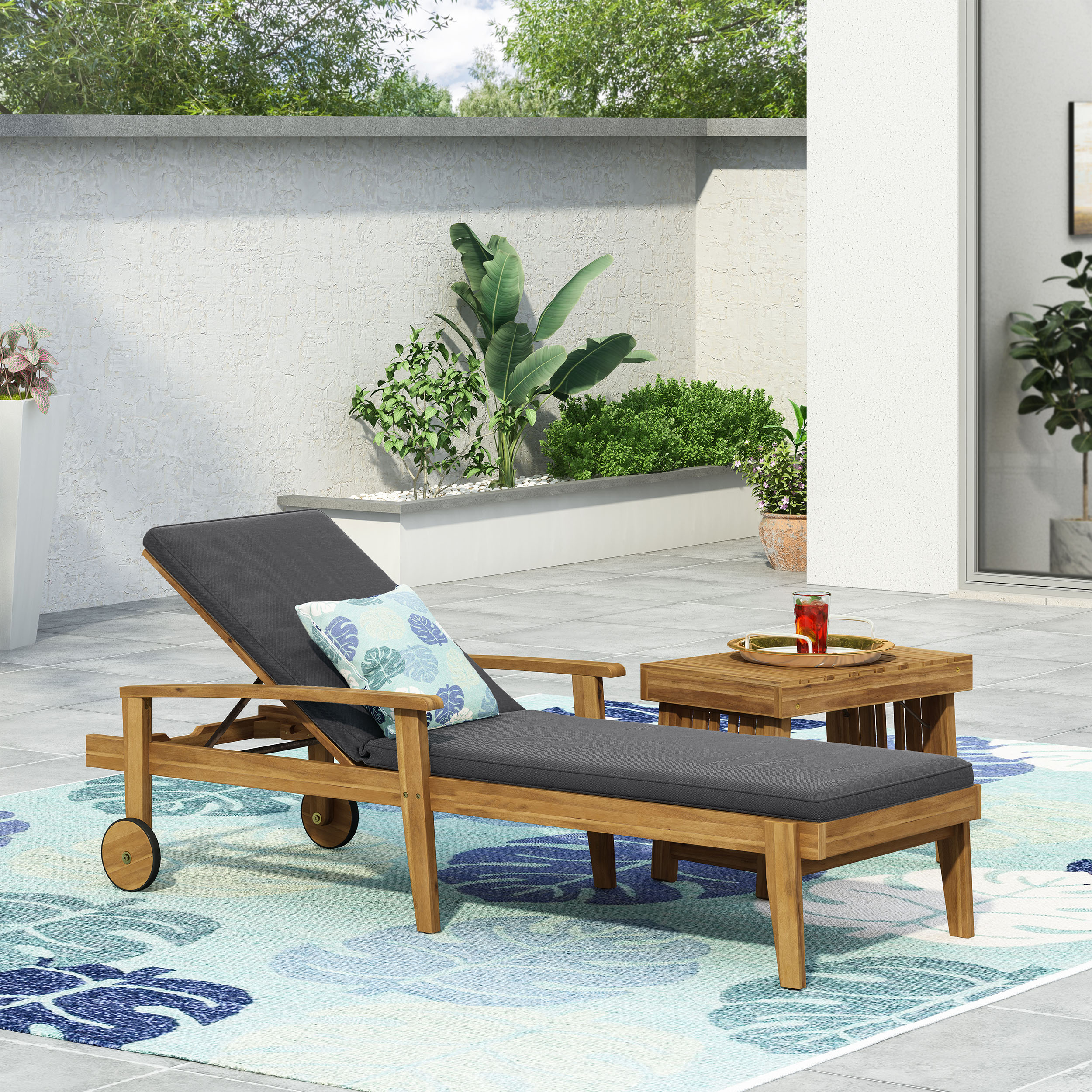 Adjustable Chaise Lounge, Outdoor Acacia Wood Lounge for Patio Poolside, Teak and Green