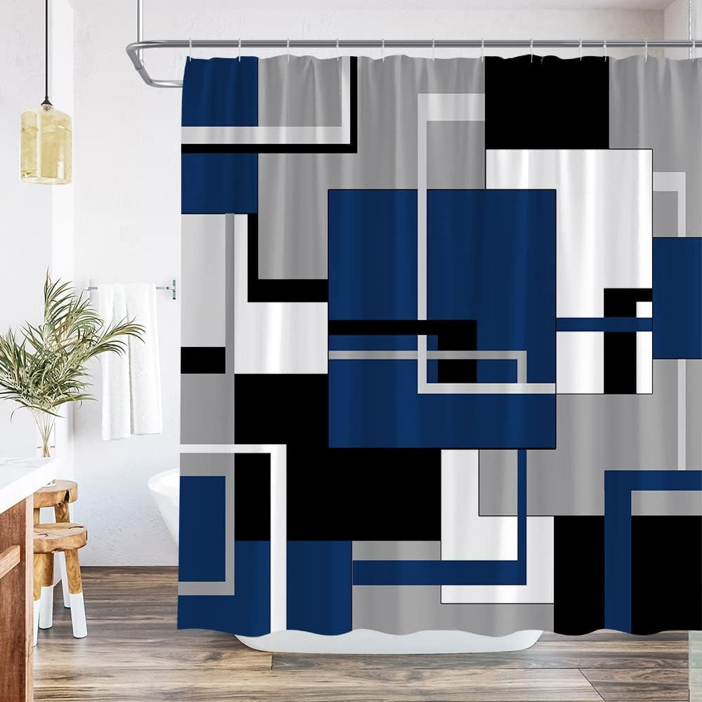 Blue Geometric Shower Curtain Black White and Gray Abstract Minimalist Line Geometry Mid Century Polyester Fabric Bathroom Accessories Set Include Hooks 70Wx70H Inch
