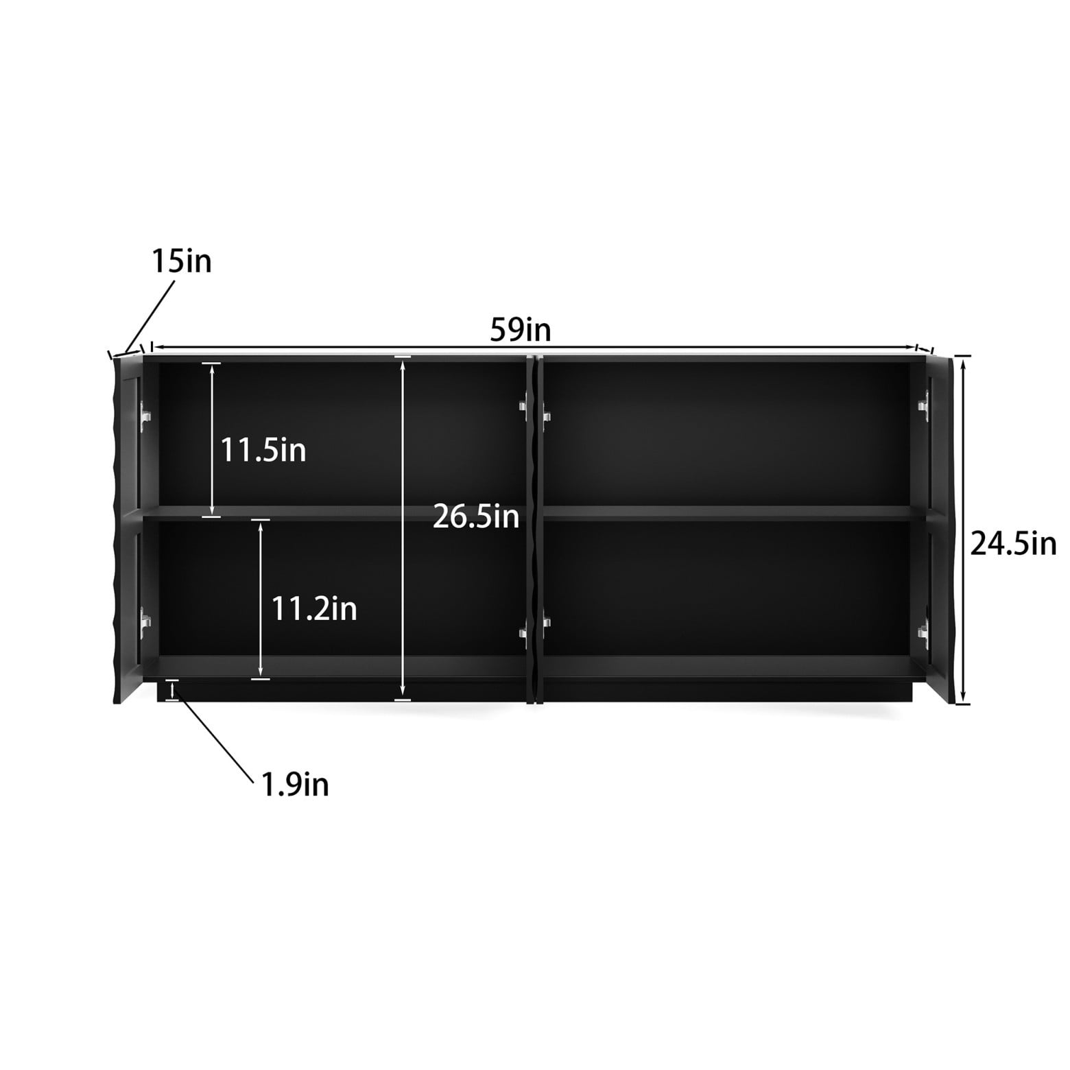 Modern 59" Buffet Cabinet with Storage, 4-Door Wave Textured Sideboard, Black Accent Console Table, Floor Standing Credenza for Living Room Kitchen, Black
