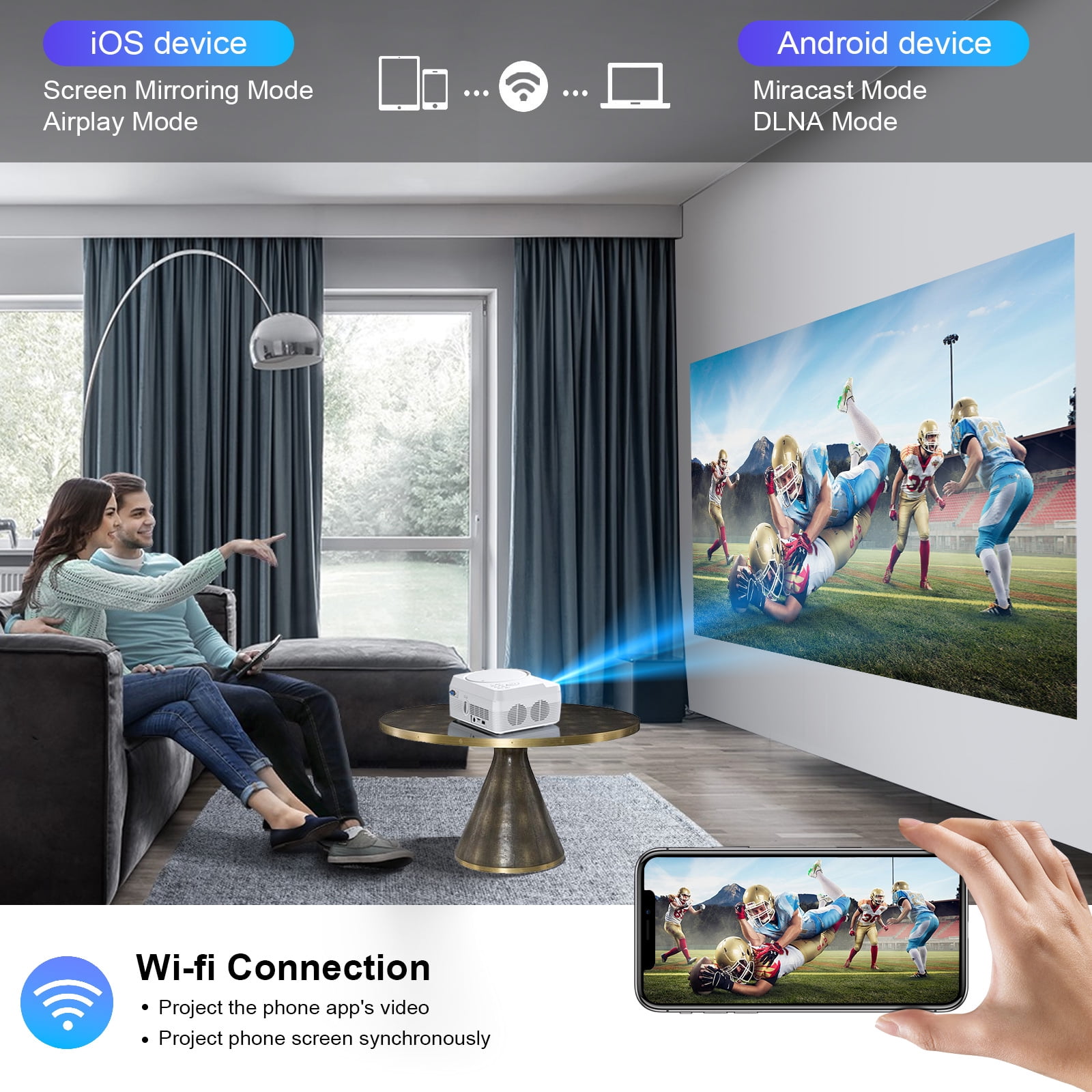WiFi Bluetooth Video Projector, Full HD 1080P Outdoor Movie Projector, Portable Projector Compatible With HDMI/ USB/ AV/ Smartphone/ TV Stick/ Laptop (Projector Screen and Tripod Included)