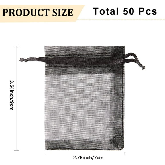 50Pcs Organza Drawstring Bags 9x7cm Black Rectangle Mesh Bags for Party Christmas Jewelry Gift Wedding Favor Fruit Protection