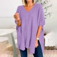 thumbnail image 4 of RYRJJ Women's V Neck Knit Poncho Sweater Side Slit Shawls Wraps Solid Capes Lightweight Batwing Short Sleeve Loose Fit Pullover Tops(Purple,S), 4 of 7