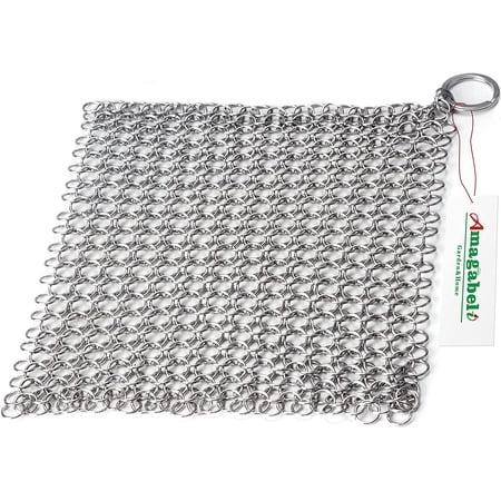 8” x 8” 316 Stainless Steel Cast Iron Cleaner Chainmail Scrubber for Cast Iron Pan Skillet Cleaner for Dishes Glass Pre-Seasoned Cast Iron Pot Seasoning Protection BG262