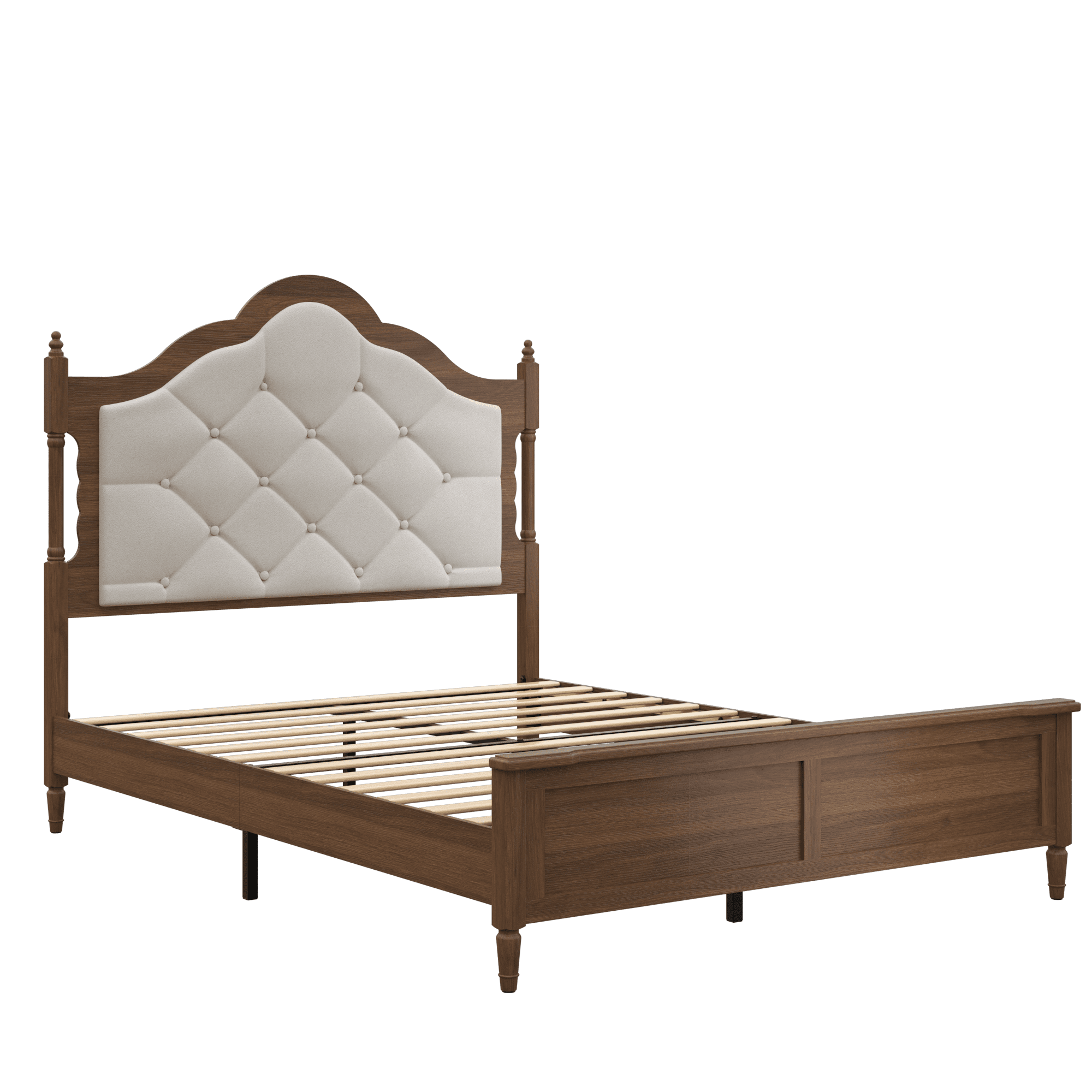 Euroco Wood Queen Size Platform Bed with Upholstery Headboard, Vintage Mid Century Bed Frame, Brown