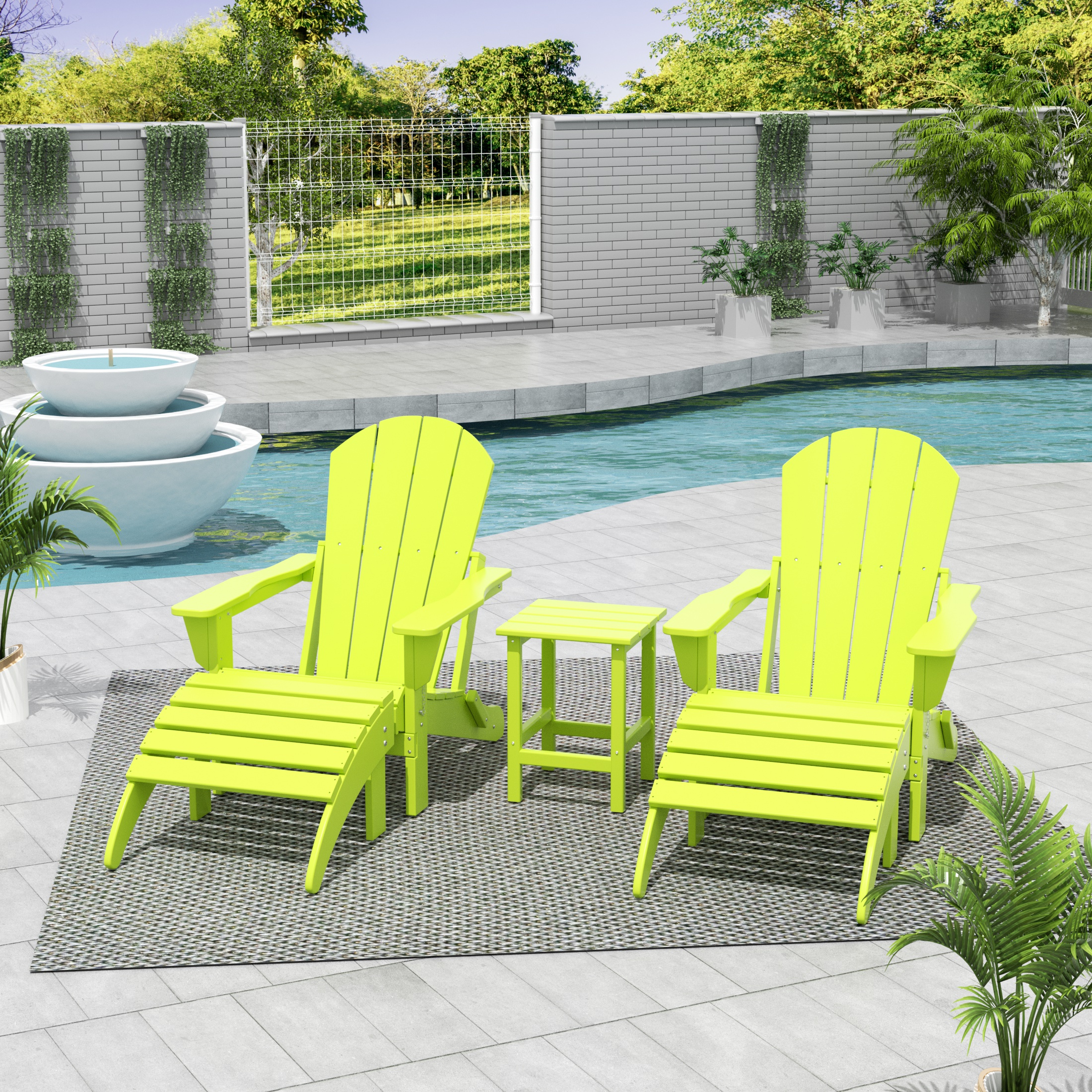 WestinTrends Malibu 5-Piece set classic Adirondack chairs with ottoman and a small coffee table (2 seater), Lime