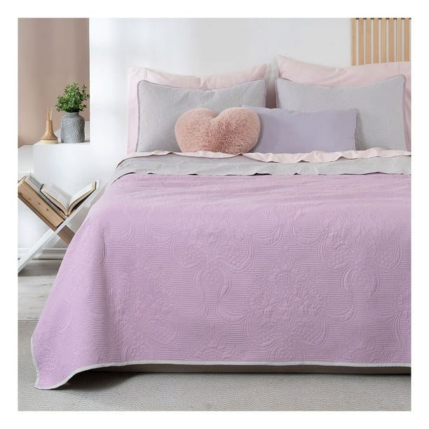 Edredón Ligero Real Textil + 2 Fundas de Almohada, Juego de Colcha King Size, Color Violeta/Gris