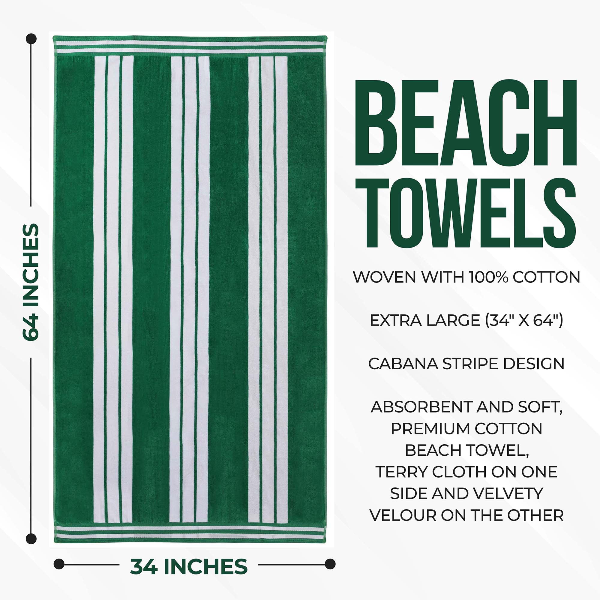 Superior Cotton Striped Oversized Beach Towel Set of 6, 34" x 64", Dark Green
