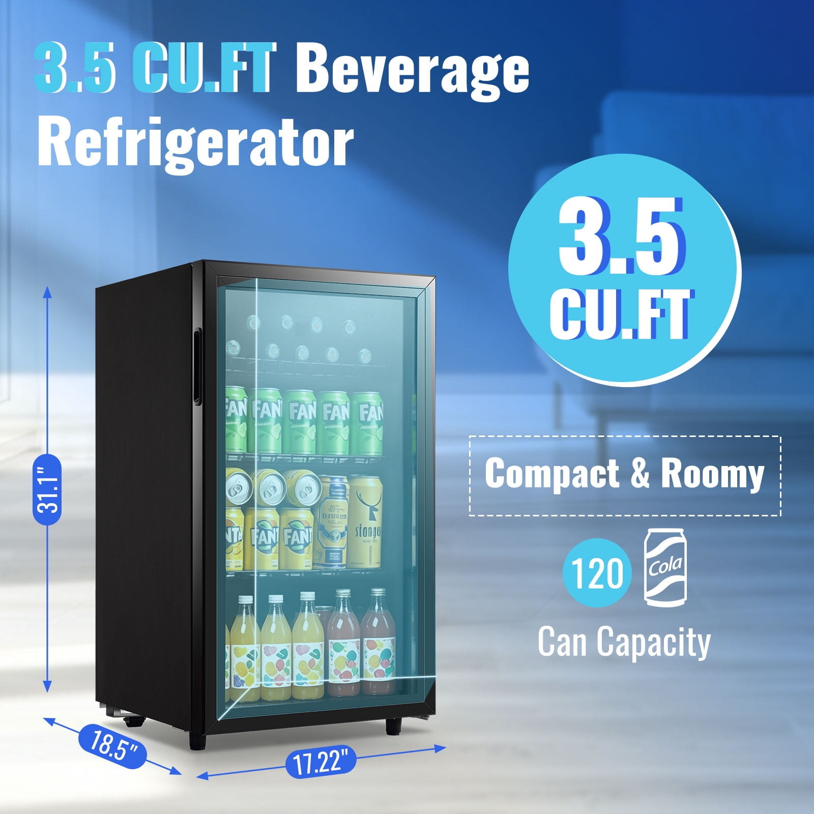 WANAI 120 Can Beverage Fridge & Cooler Small Mini Fridge Glass Door for Soda Beer or Wine for Home&Bar