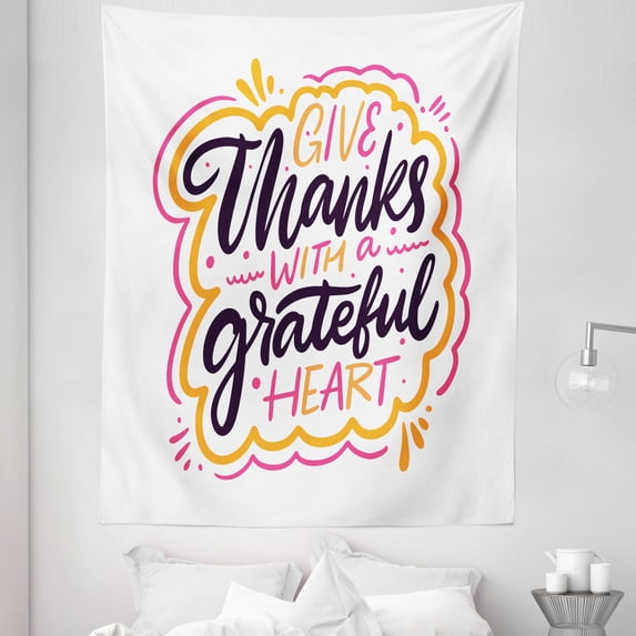 Gratitude Tapestry, Give Thanks with a Grateful Hearts Typography Appreciation Vibes, Fabric Wall Hanging Decor for Bedroom Living Room Dorm, 5 Sizes, Pink Orange and Dark Purple, by Ambesonne