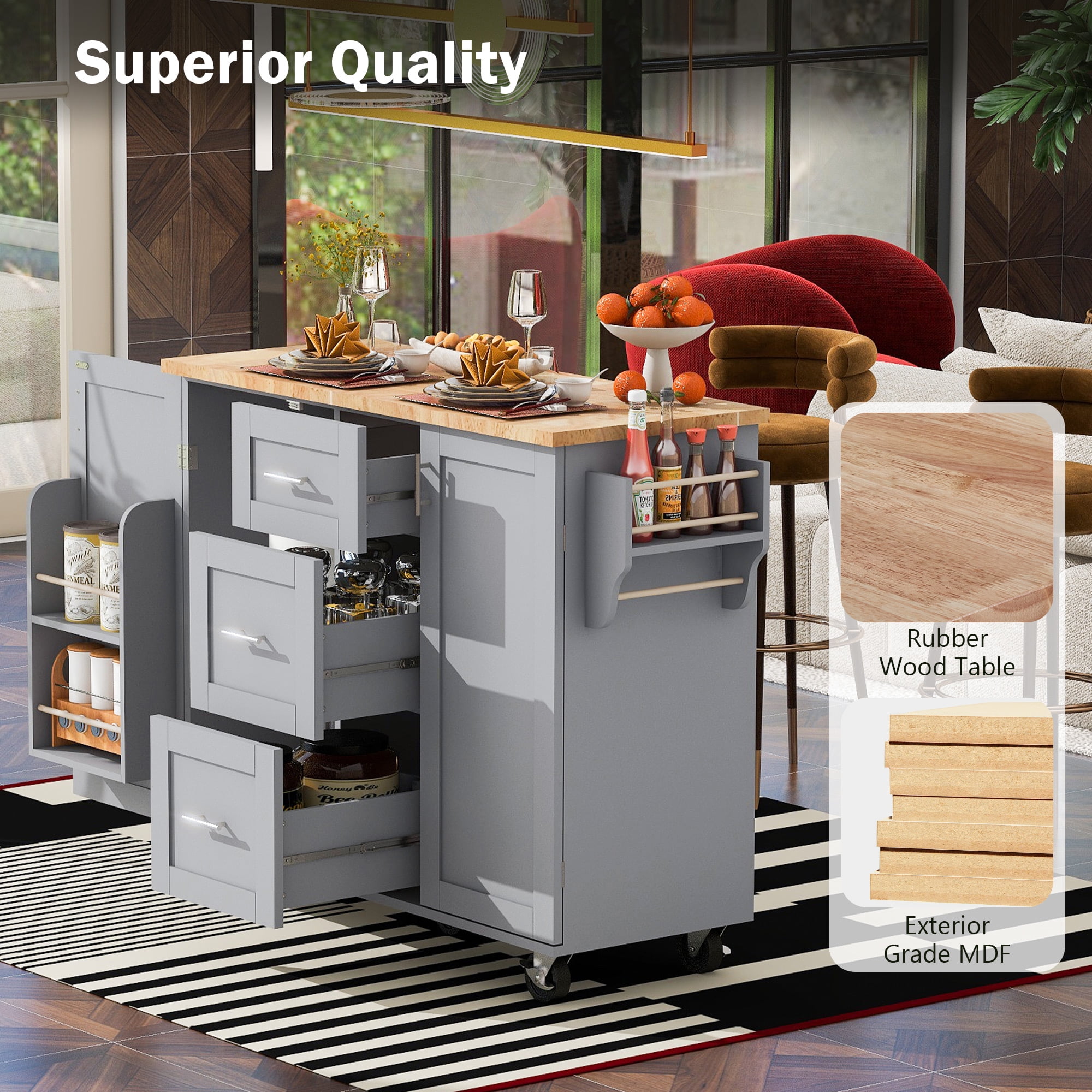 Yoneston Kitchen Island with 3 Drawers & 2 Slide-Out Shelves, Rolling Kitchen Storage Cart with Spice Rack and Towel Rack for Home, Kitchen, Dining Room, Gray