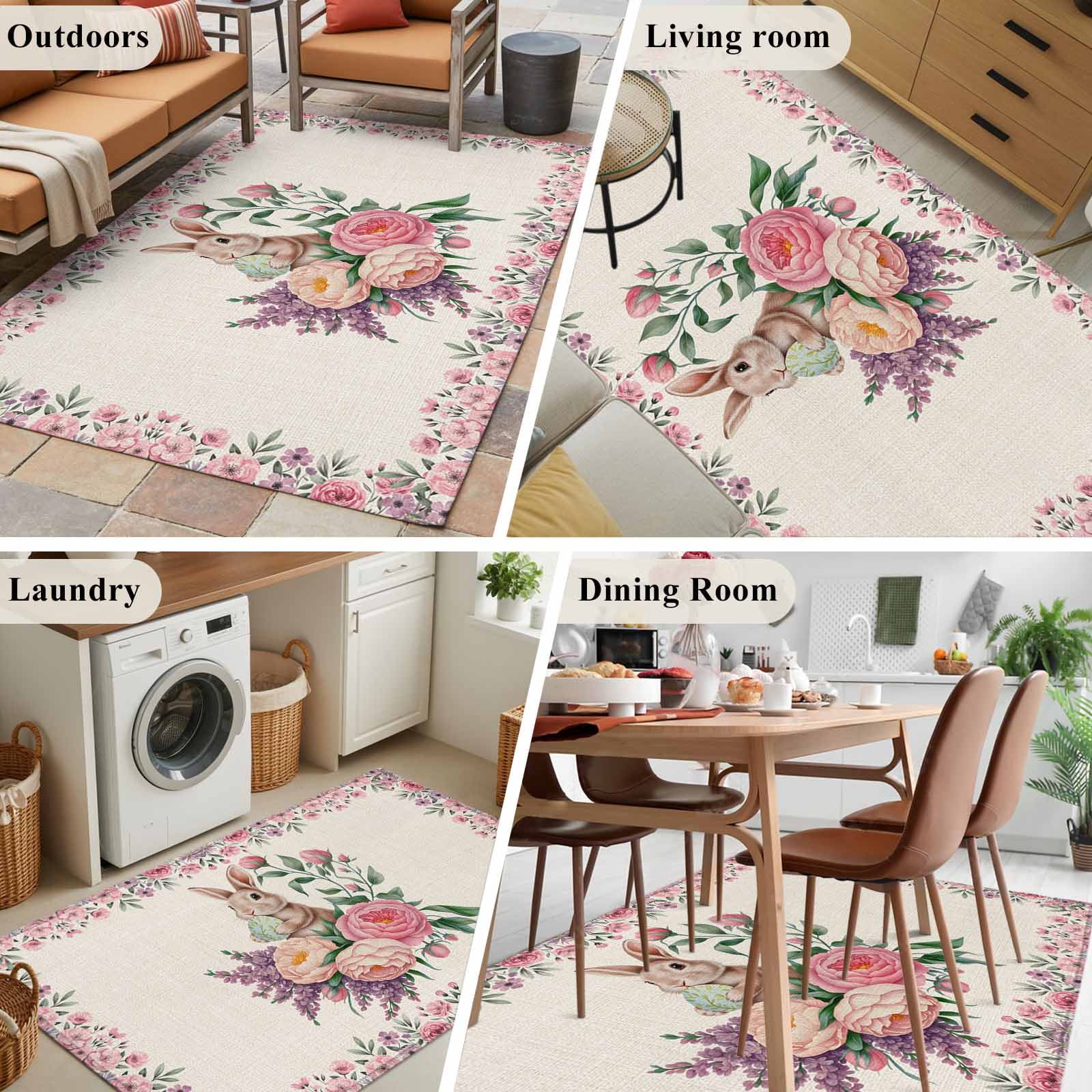 Easter Bunny Roses Area Rugs 2.7'x5', Washable Small Throw Rugs for Kitchen Bedroom, Pink Floral Spring Linen Indoor Outdoor Rug Non-Slip Low Pile Carpet Runner Reversible Floor Mats