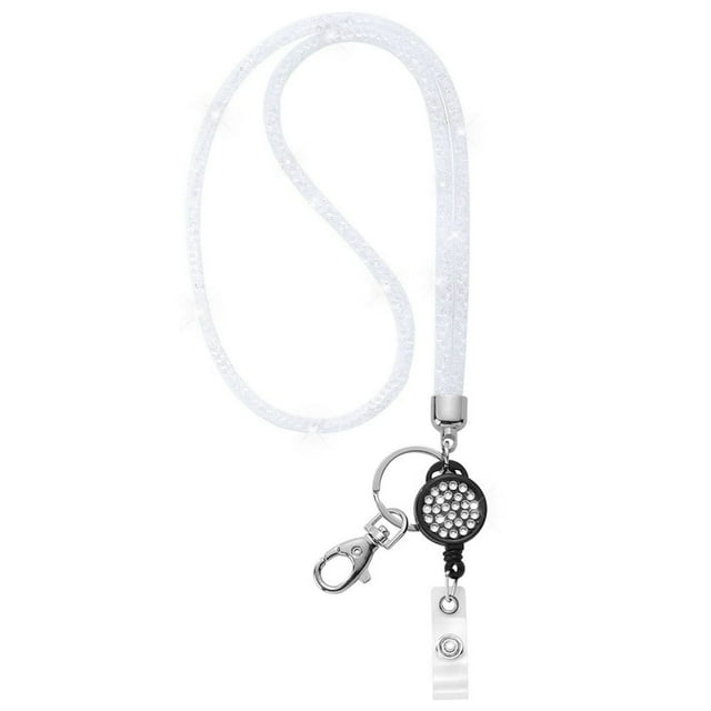 SUTENGDA ID Card Lanyard 32.9” Breakaway Safety Clasp Rhinestone Lanyards Crystal ID Card Holder (White Retractable Badge)
