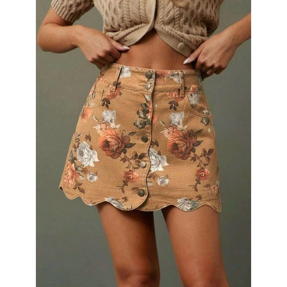 Brown Floral Print High-Waist Button-Front Scalloped Hem A-Line Denim Mini