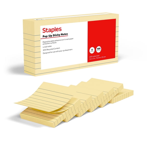 Staples Pop-up Sticky Notes 3" x 3" Sunshine Collection Lined 100 Sheets/Pad 6 Pads/Pack (ST62874)