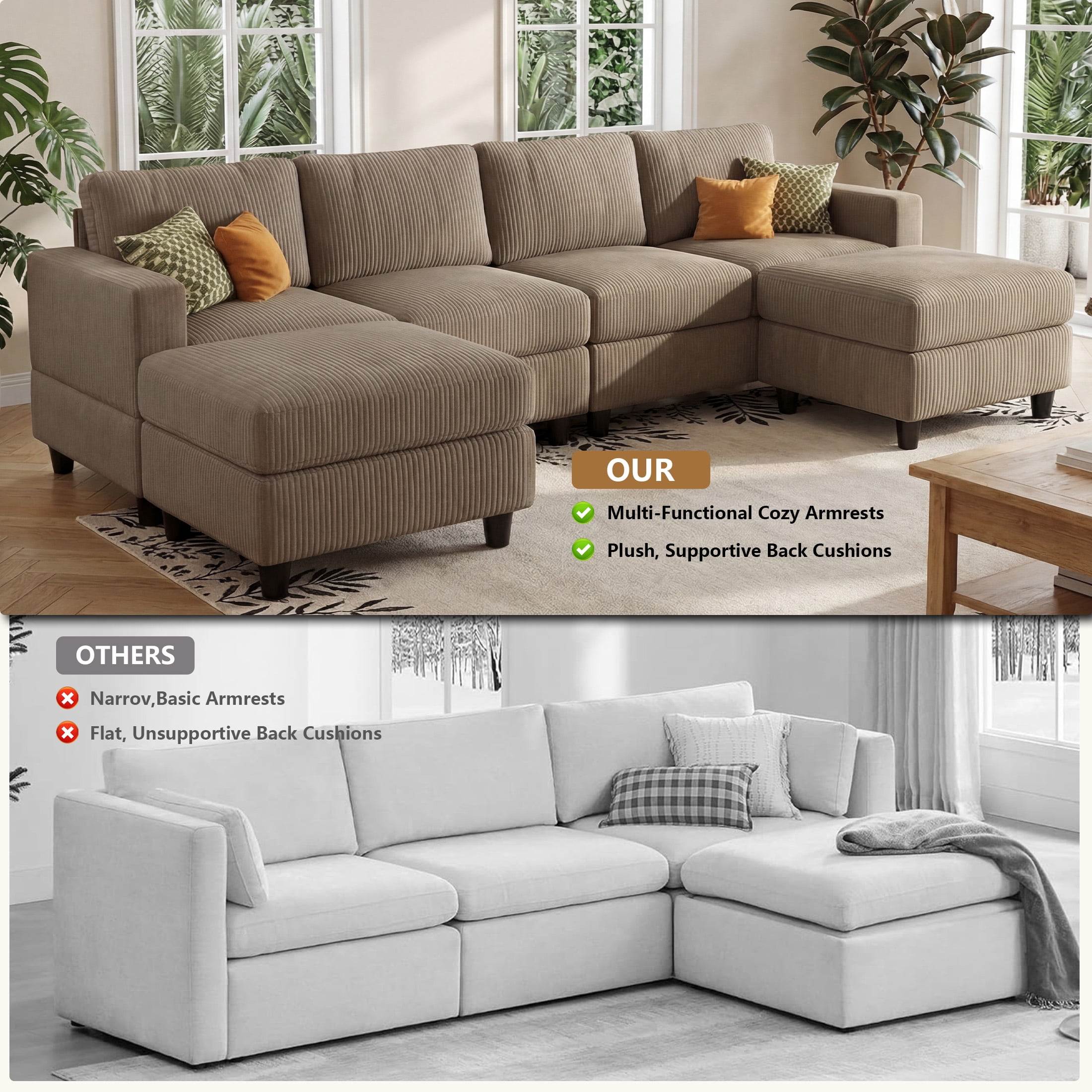 Aukfa 101" Corduroy U-Shaped Sectional Sofa with 2 Ottomans, 6-Seater Cloud Couch, Camel