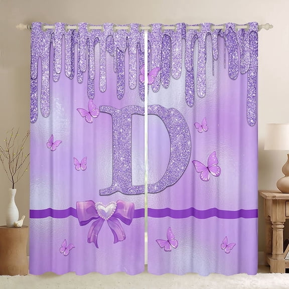 Manfei Purple Bow Butterfly Black Out Curtains for Children Kids Teens,Letter Monogrammed Initial D Curtains Pack of 2 (42x63 Each),Bling Glitter Bedroom Curtains,Graffiti Splash Home Decor