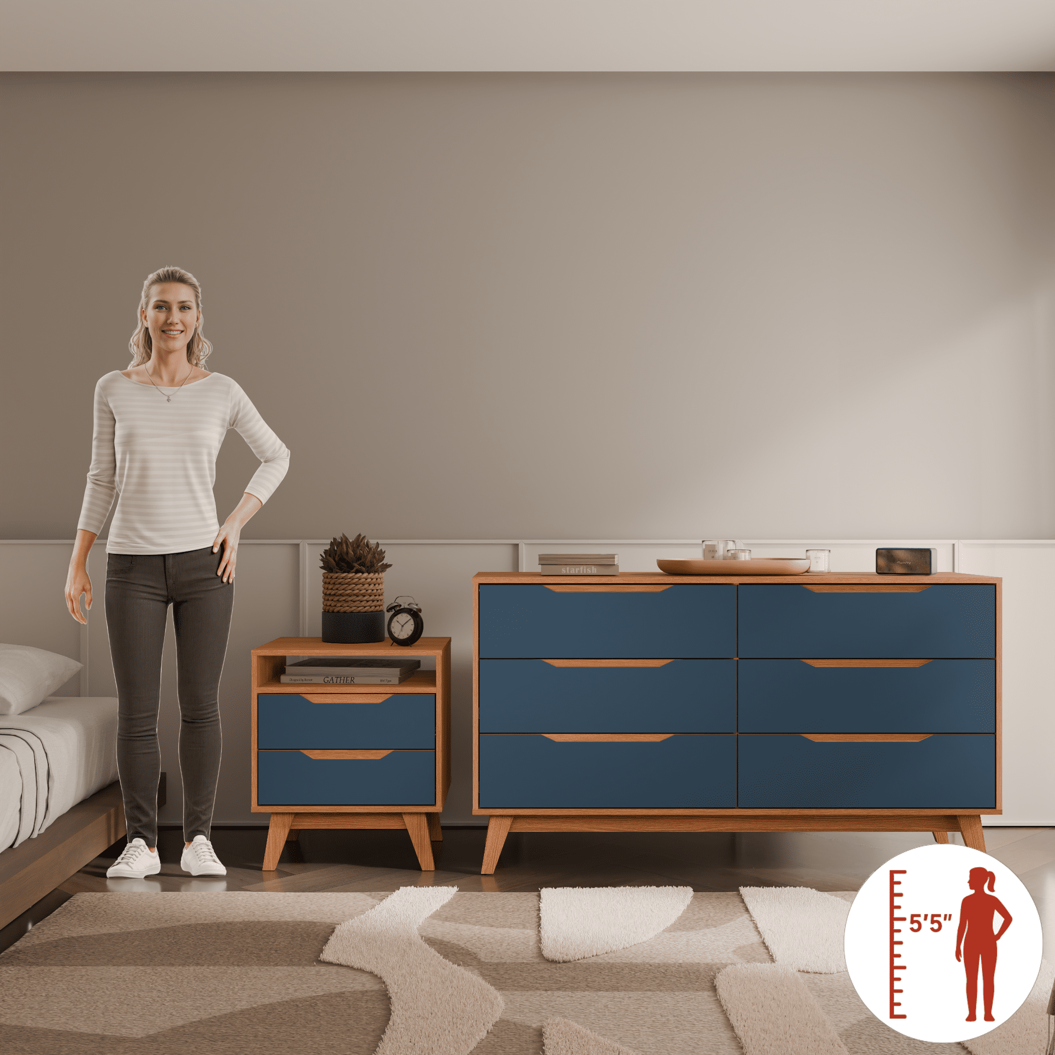 Kappesberg Bedroom Furniture Set with 6-Drawer Dresser and 2-Drawer Nightstand Golden Oak/Blue – Modern Storage Combo