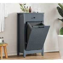 Tilt-Out Laundry Hamper Cabinet with Drawer, 10 Gallon Fluted Trash Can Cabinet with Laundry Basket, Hidden Wood Garbage Can Bin Cabinets for Bathroom & Kitchen, Grey