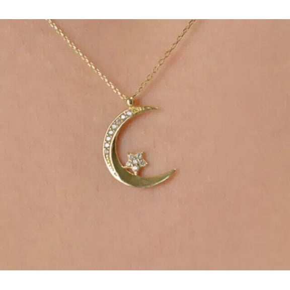 14K Yellow Gold Plated 1.50Ct Round Cut Lab-Created Diamond Women Moon Pendant