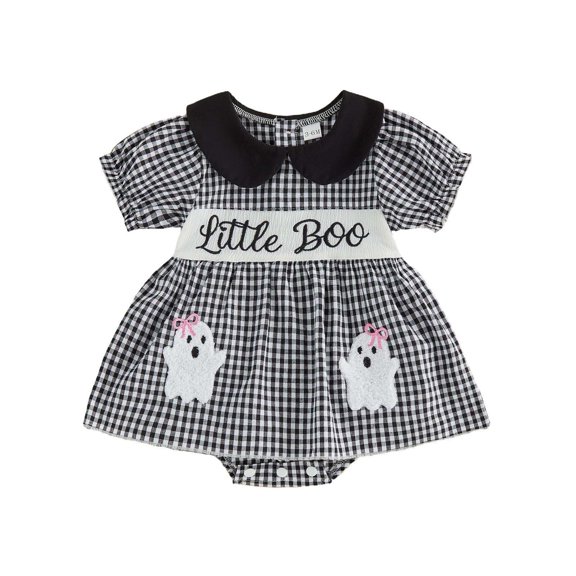 Vdoaml Baby Girl Halloween Short Sleeve Dress Romper Infant Peter Pan Collar Onesie Casual Holiday Cute Bodysuits Black 12-18 Months